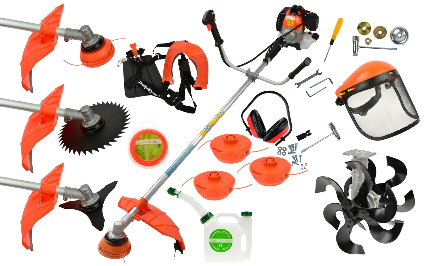 Kit pentru gradina, motocoasa pe benzina Geko John Gardener, 6 cp, 8 accesorii + Prasitoare 32cm