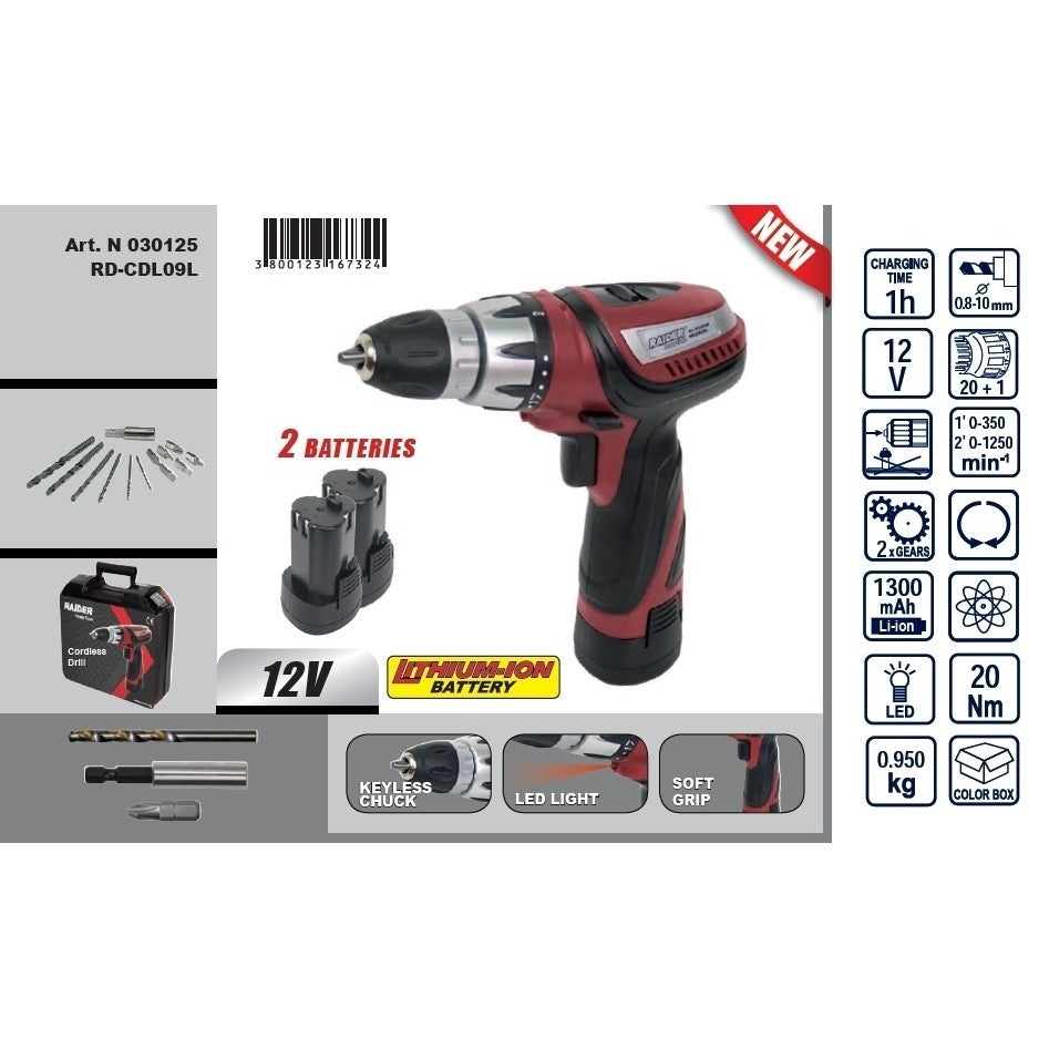 Bormasina cu acumulator RD-CDL09L Li-ion 12V 1300mAh 20Nm, Raider 030125