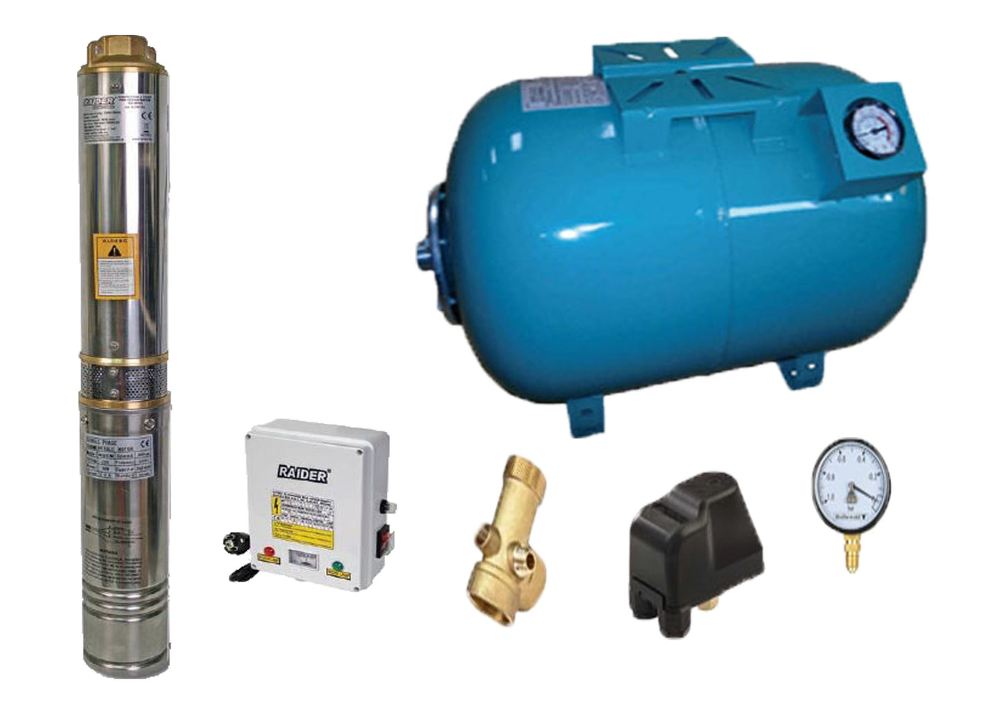 Kit complet sistem hidrofor, pompa de apa submersibila Raider RD-WP31/100, rezervor de 100 litri cu manometru, presostat, racord 5 cai, manometru, 070138/100M