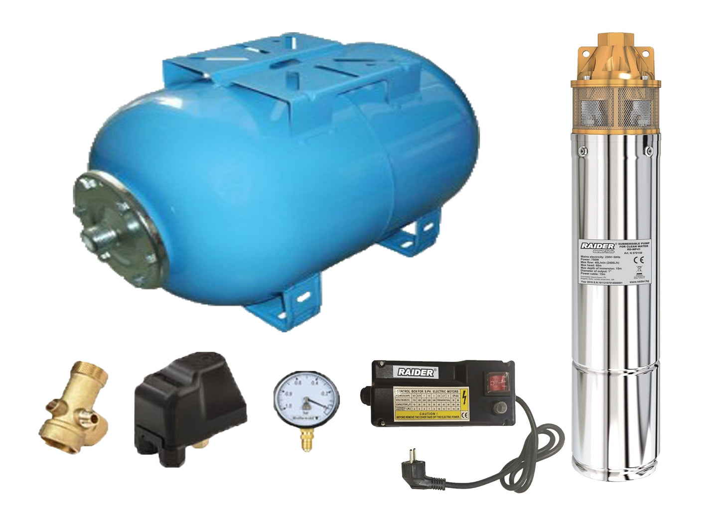 Kit complet sistem hidrofor, pompa submersibila Raider WP41/50, rezervor de 50 litri, presostat, racord 5 cai, manometru, 070148/50