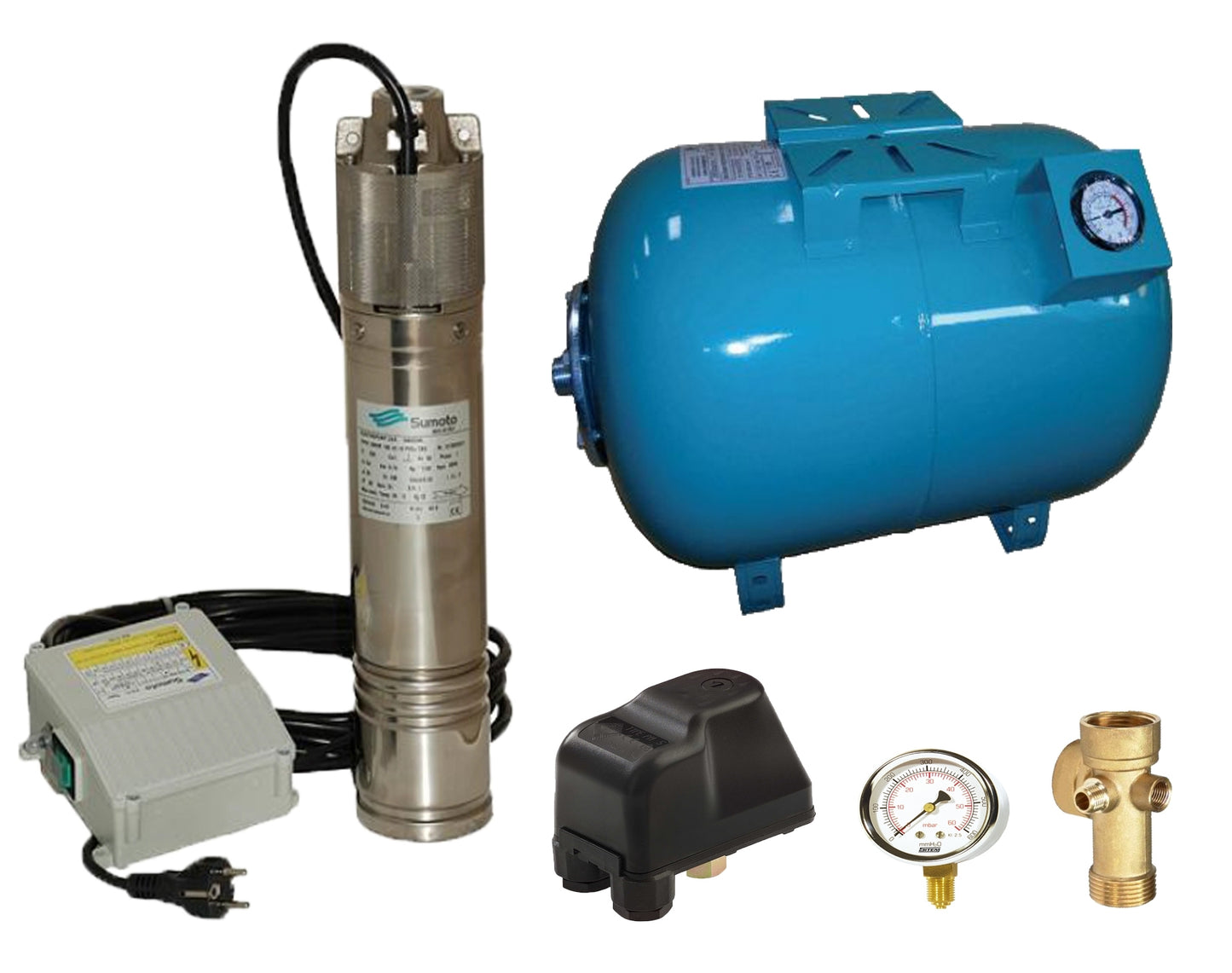 Kit complet sistem hidrofor, pompa submersibila SUMOTO ONKM150/100, rezervor de 100 litri cu manometru, presostat, racord 5 cai, manometru, SM0071/100M