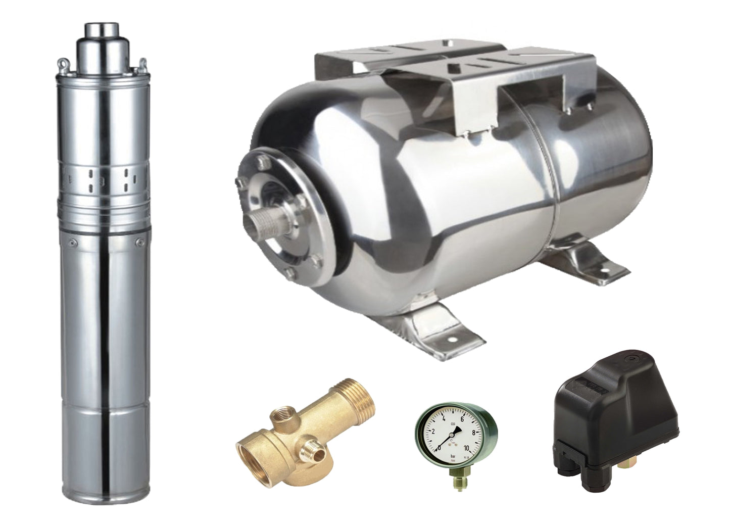 Kit complet sistem hidrofor, pompa submersibila cu surub APC 4QGD 0.75/24, rezervor de 24 litri din inox, presostat, racord 5 cai, 03031012/24I