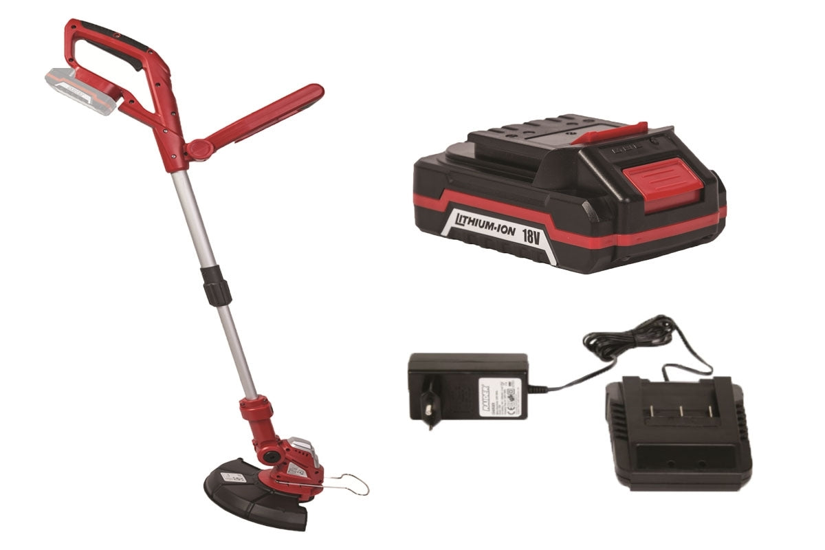 Kit Trimmer pentru gazon 18V 250mm RD-GTL22, Acumulator LI-ION 18 x 1.5 Ah, Incarcator acumulator 3-5 ore,18V, 2 discuri si 20 de lamele, 075528+131143