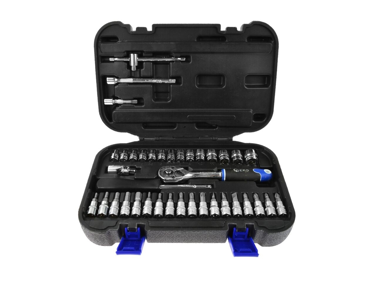 Set cheie cu clichet + socluri 1/4" 38 piese, Geko G10152