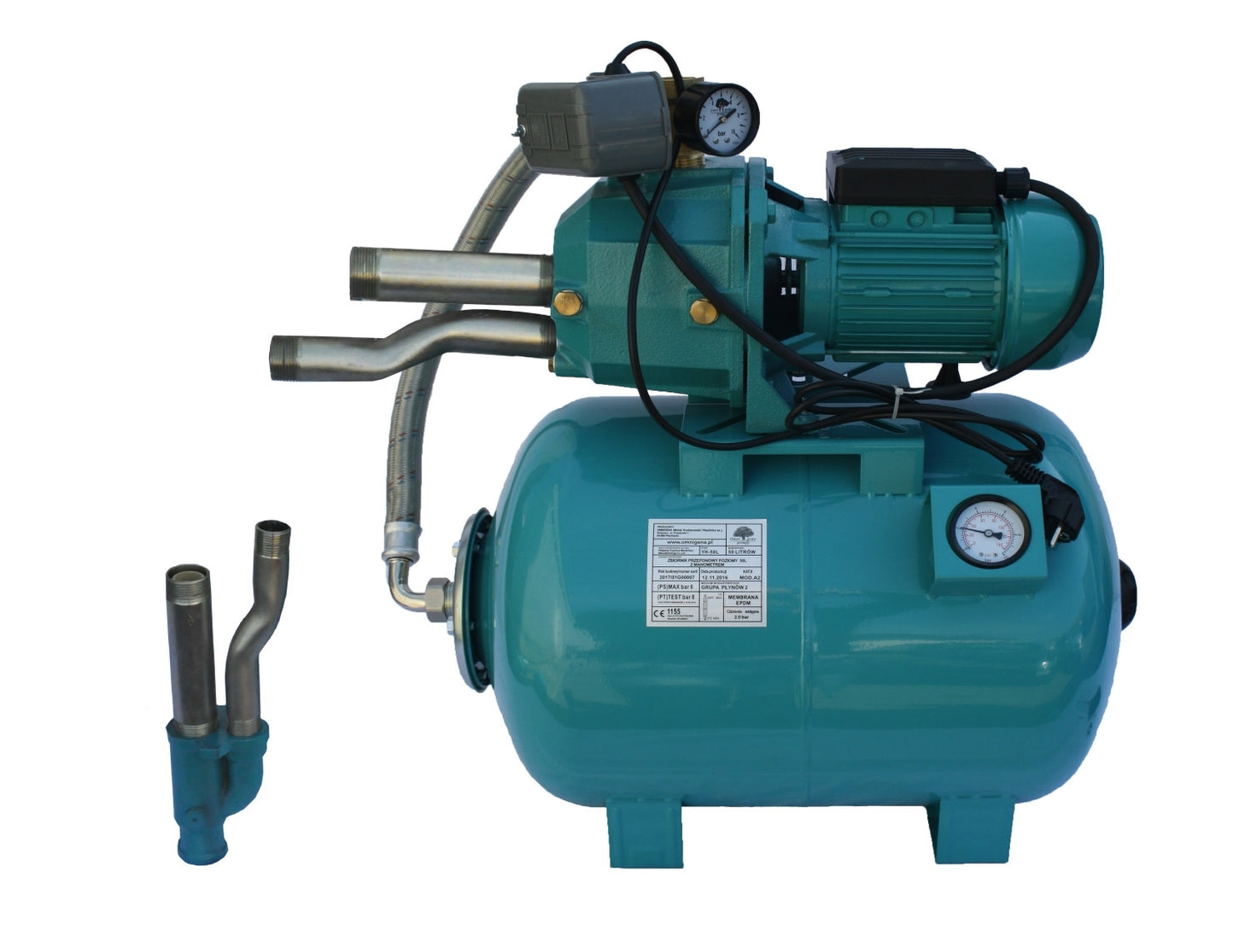 Hidrofor de mare adancime 23m cu ejector Omnigena DP355/50, rezervor 50 litri cu manometru, 0.75 kW + set 4 stuturi filetate, OM5003/50M+S