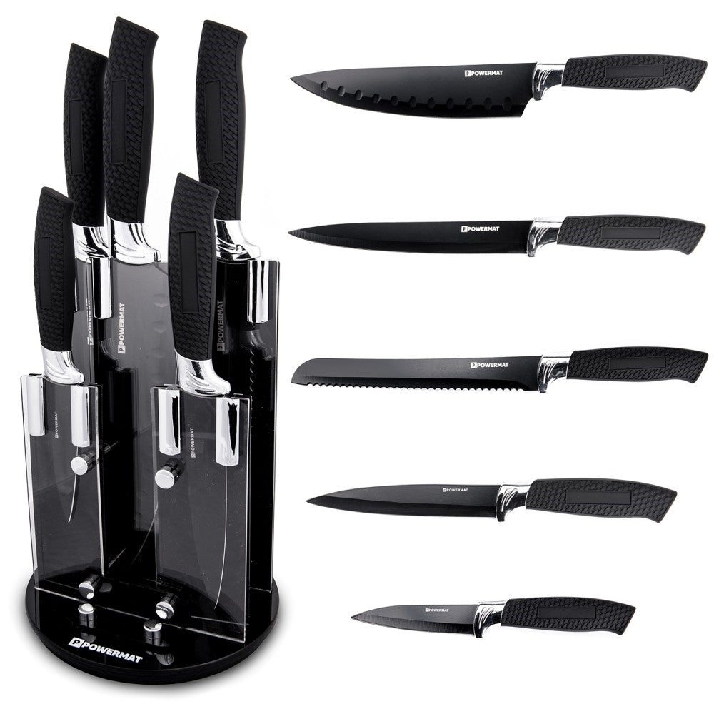 Set 5 cutite de bucatarie+suport, Powermat PM-ZNK-5-C