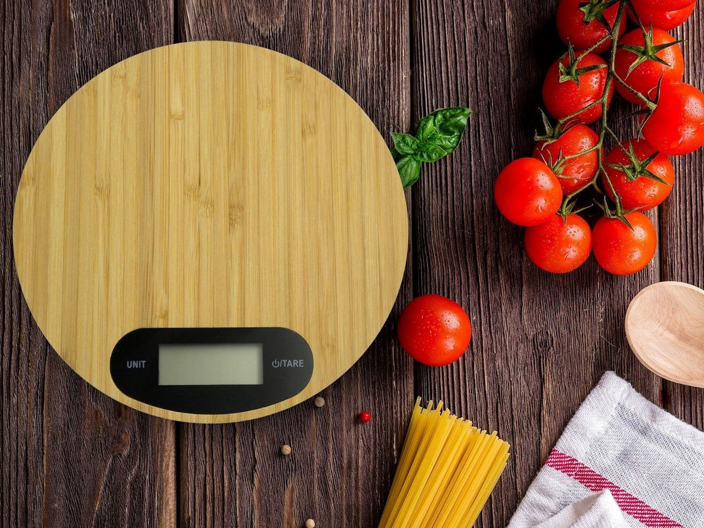 Cântar de bucătărie rotund din bambus 5kg 18,5x18,5cm, Geko GH03003