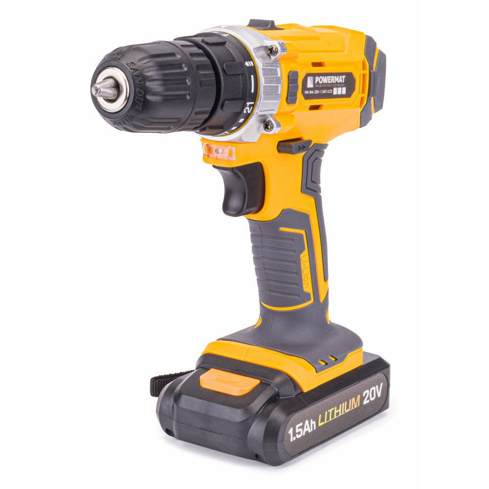 Bormasina cu acumulator 20V 1100rpm, Powermat PM-WA-20V-1.5AT-LCD