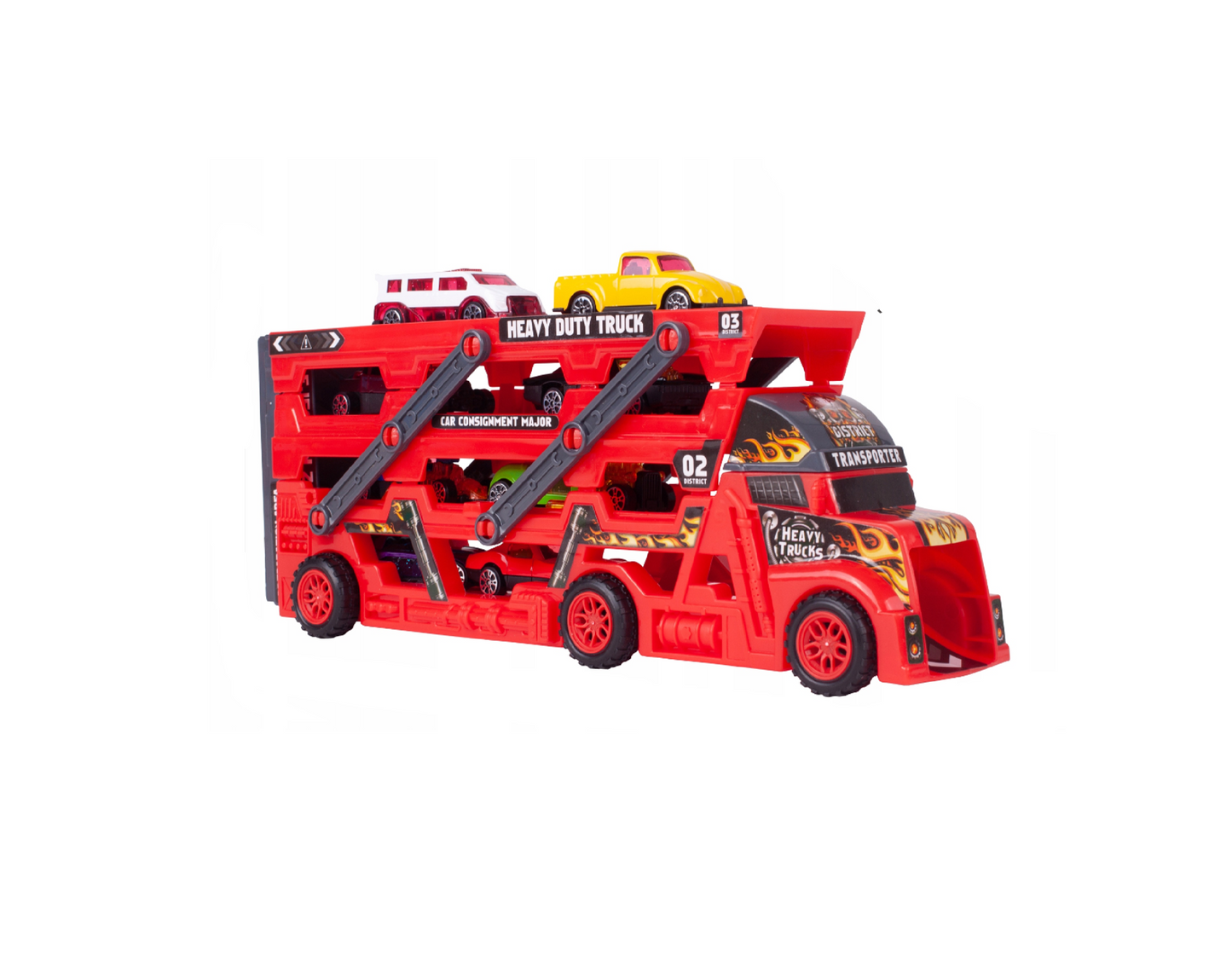 Set camion de remorcare cu 3 nivele, 8 masini, MalPlay 109208