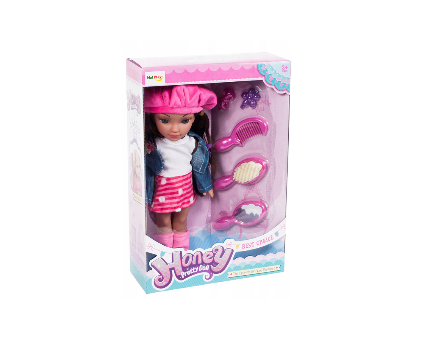 Set papusa bruneta Honey Pretty Doll cu accesorii, pieptene, perie, agrafe, 5 piese, MalPlay 105984