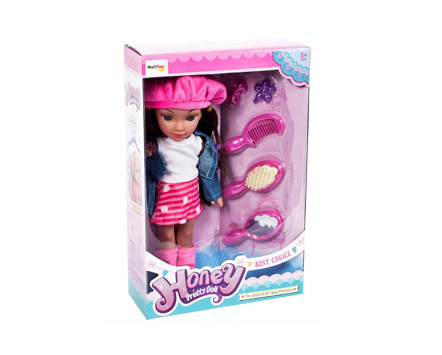 Set papusa bruneta Honey Pretty Doll cu accesorii, pieptene, perie, agrafe, 5 piese, MalPlay 105984