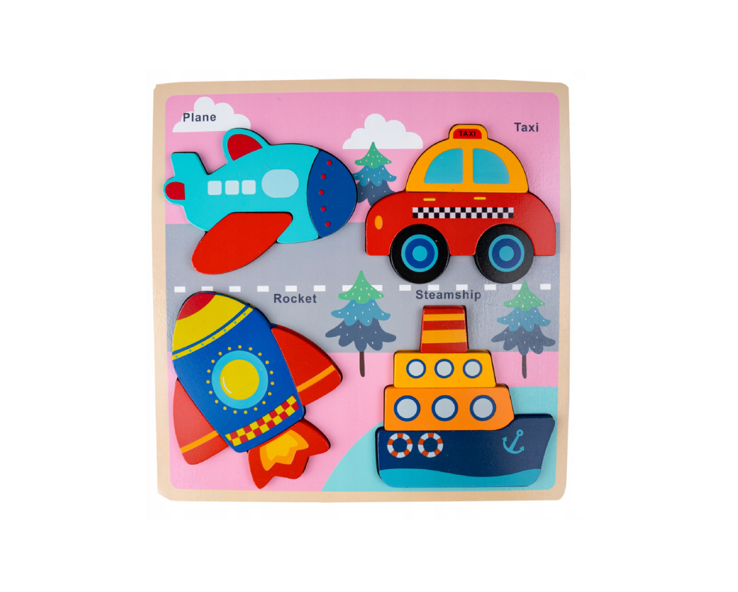 Puzzle din lemn taxi, vapor, racheta, avion, 16 piese, MalPlay 109711