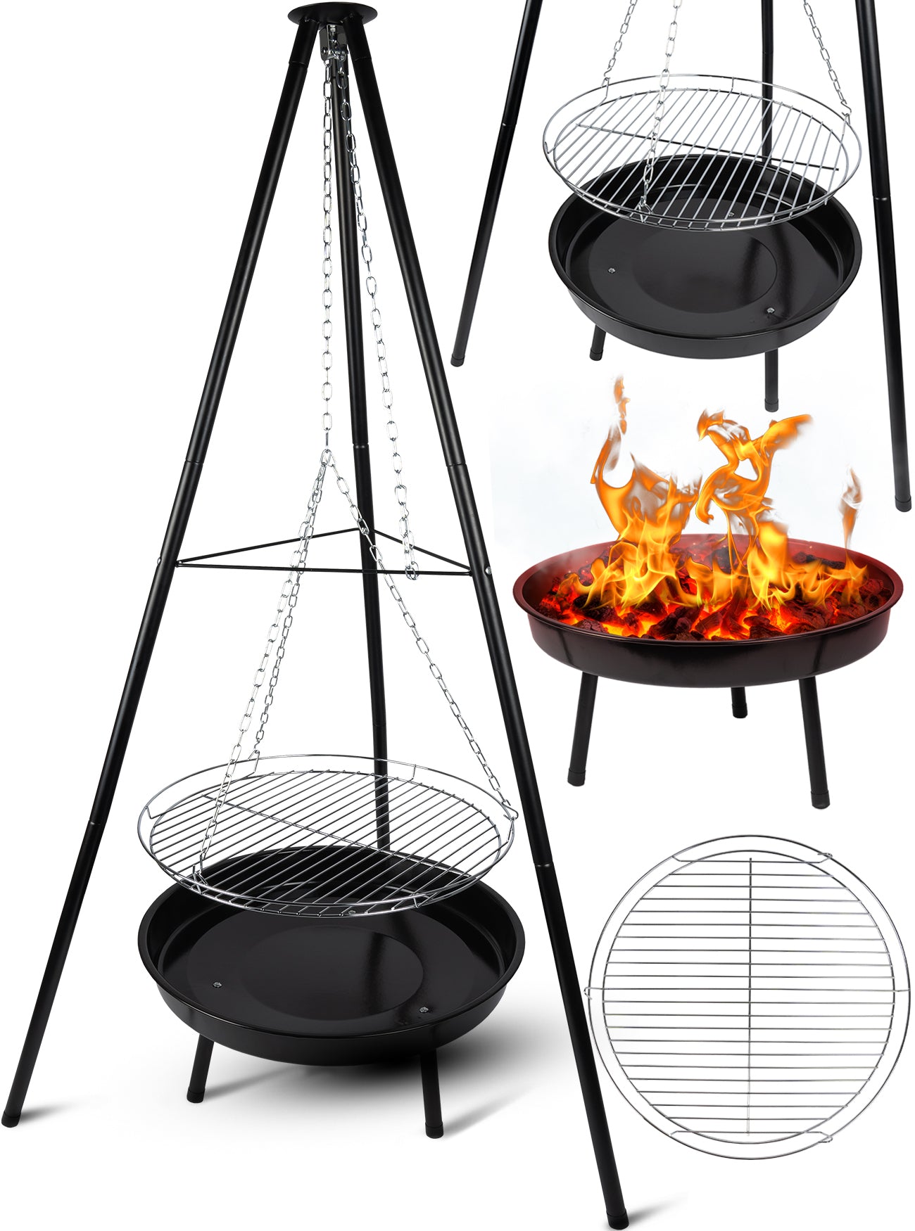 Trepied cu vatra suspendata pentru gratar de gradina TripleBBQ GM10000, 155 cm, MalTec 109992