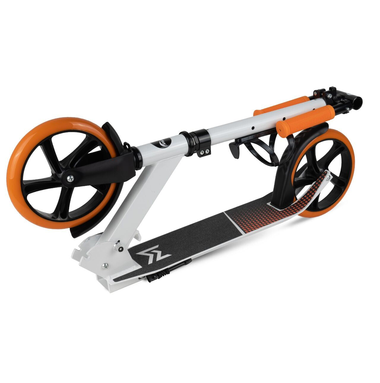 Trotineta pliabila cu amortizor, suport pentru sticla de apa si curea pentru transport, Alb / Portocaliu, MalPlay 110061