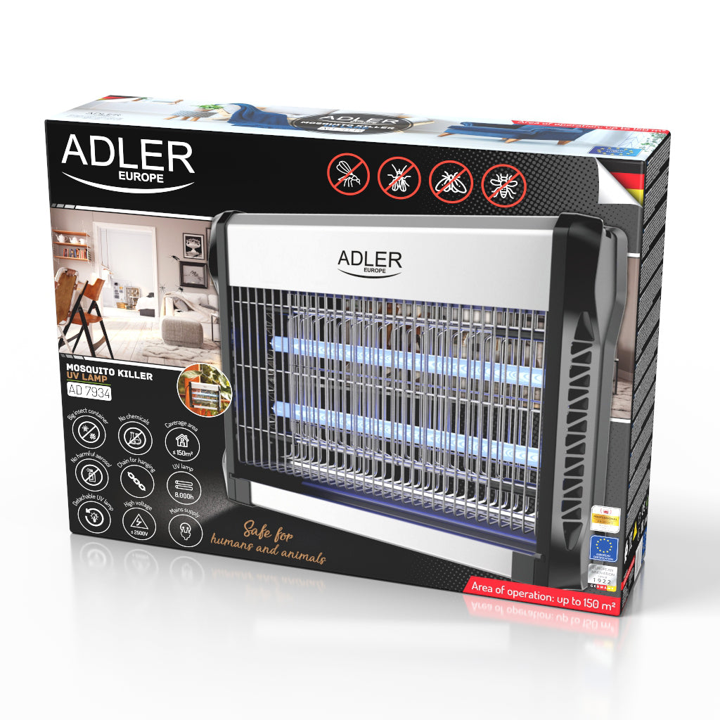 Lampa electrica cu lumina UV anti insecte, 23.7 W, doua surse de lumina, Argintiu / Negru, Adler AD7934