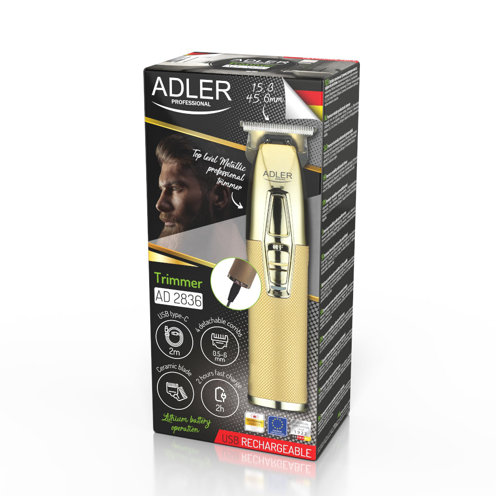 Trimmer profesional cu 4 accesorii incluse, ceramica / titan, 100 W, Adler AD2836G