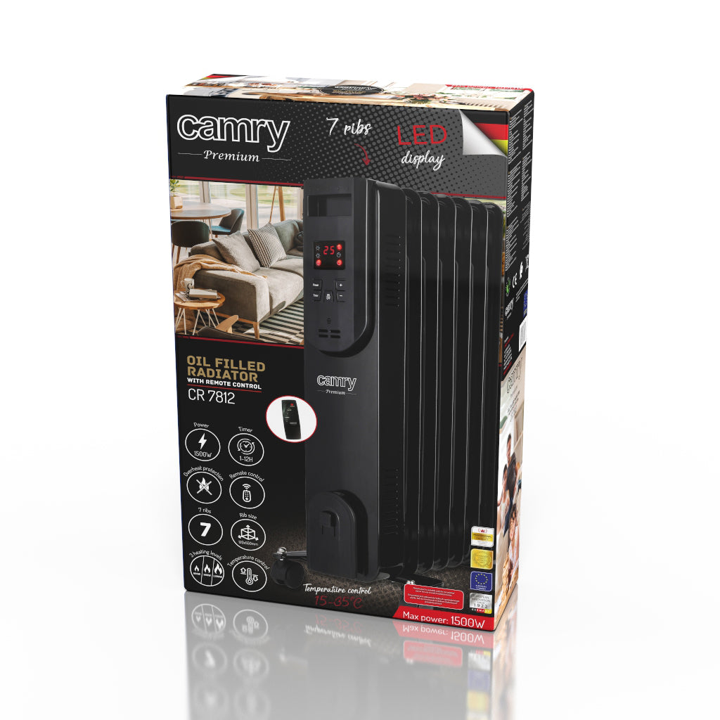 Calorifer electric cu ulei, 1500 W, 7 elementi, telecomanda, display LED, negru, Camry CR7812