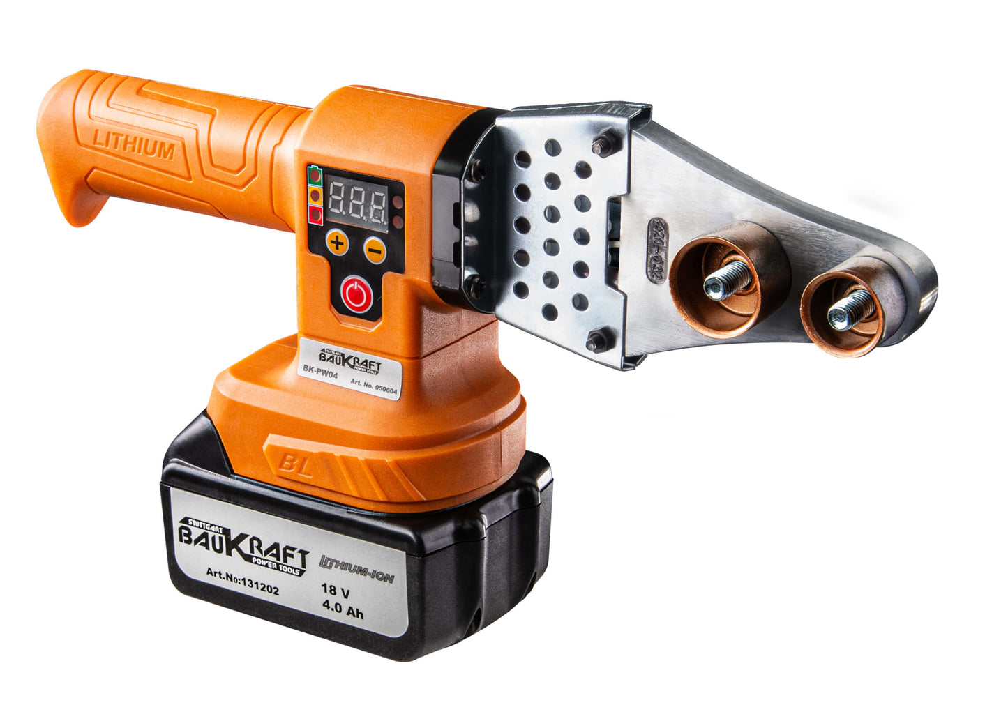 Aparat de sudat tevi PP cu acumulator BMC BK-PW04, 18 V, 4 Ah, 4 Ah, 3 capete, Ø20-32 mm, Baukraft 050604