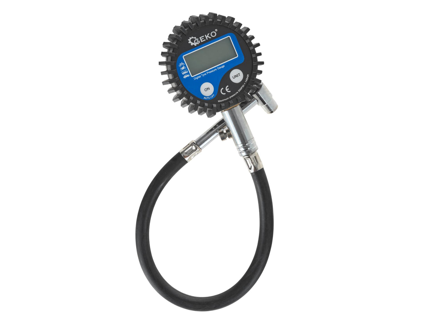 Manometru electric cu furtun pentru umflare anvelope, afisaj digital, Geko G01273