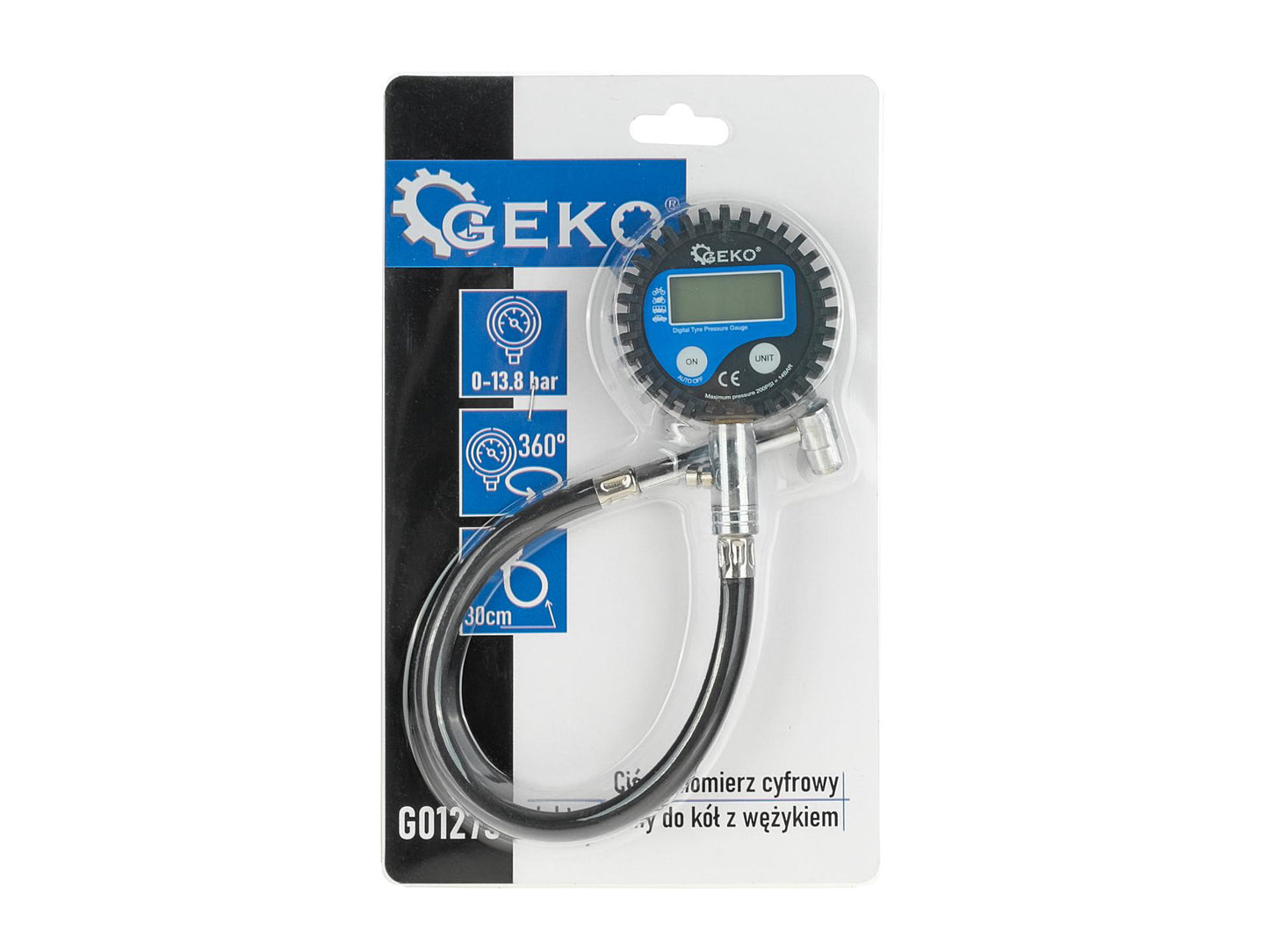 Manometru electric cu furtun pentru umflare anvelope, afisaj digital, Geko G01273