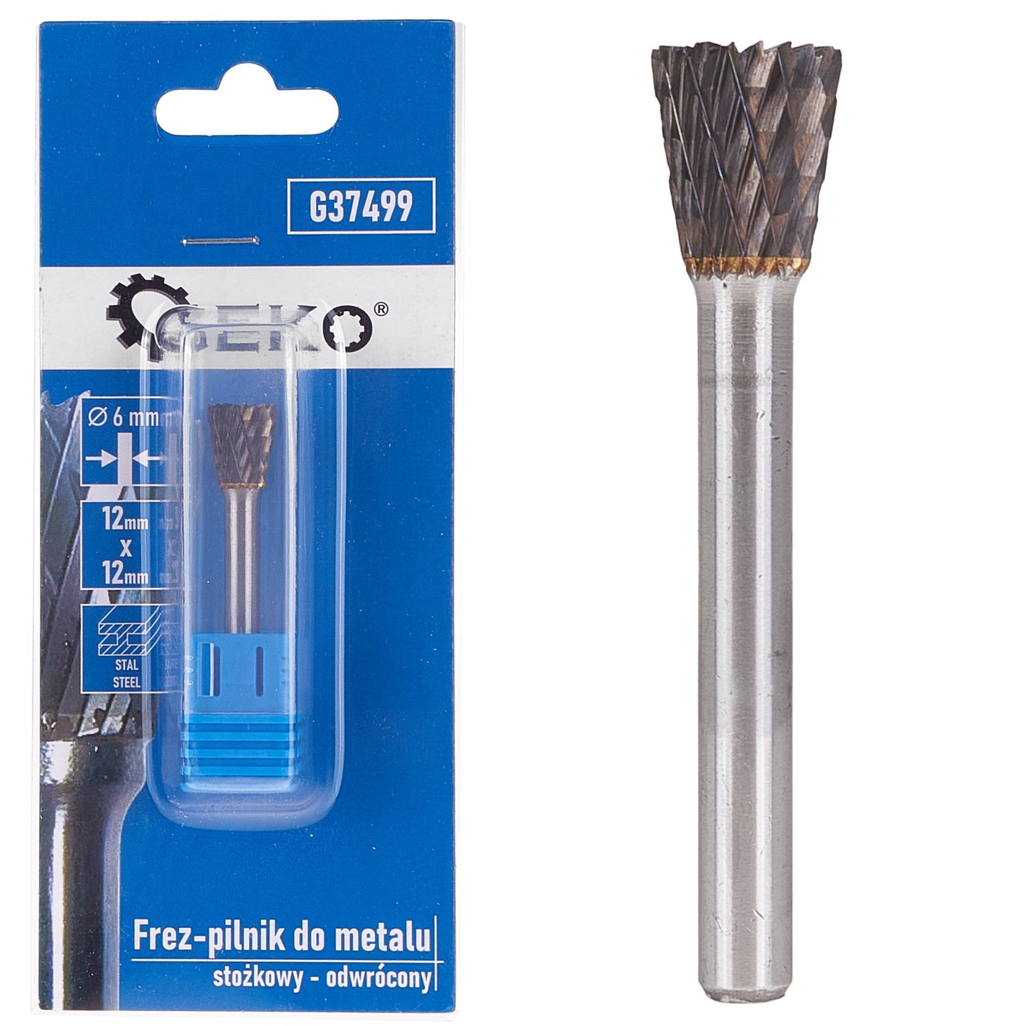 Freza pentru metal din carbura de tungsten, 12 x 12 mm, tija 6 mm, con inversat, Geko G37499