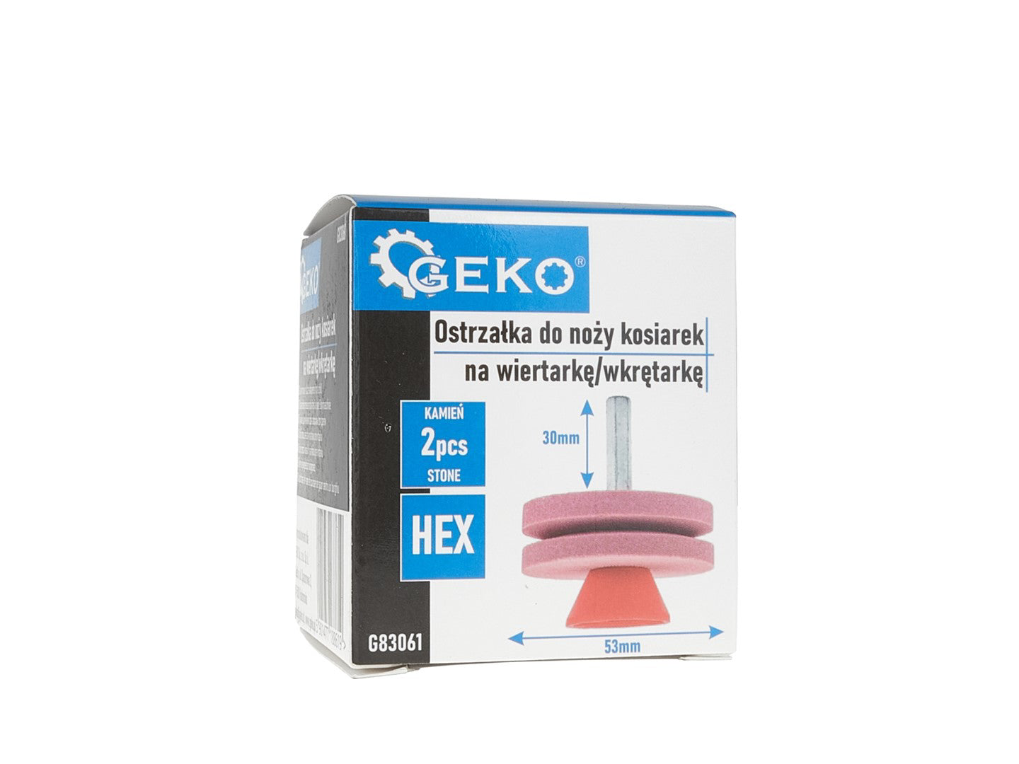 Ascutitor lame pentru masini de tuns iarba, 2 x 53 mm, suport HEX pentru burghiu, Geko G83061