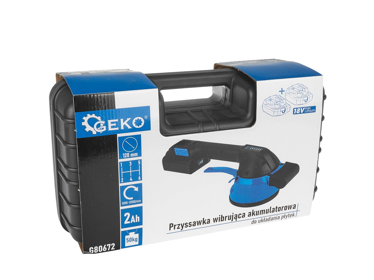 Ventuza vibranta pentru gresie si faianta cu acumulator, 120 mm, 18 V, capacitate maxima 50 kg, Geko G80672