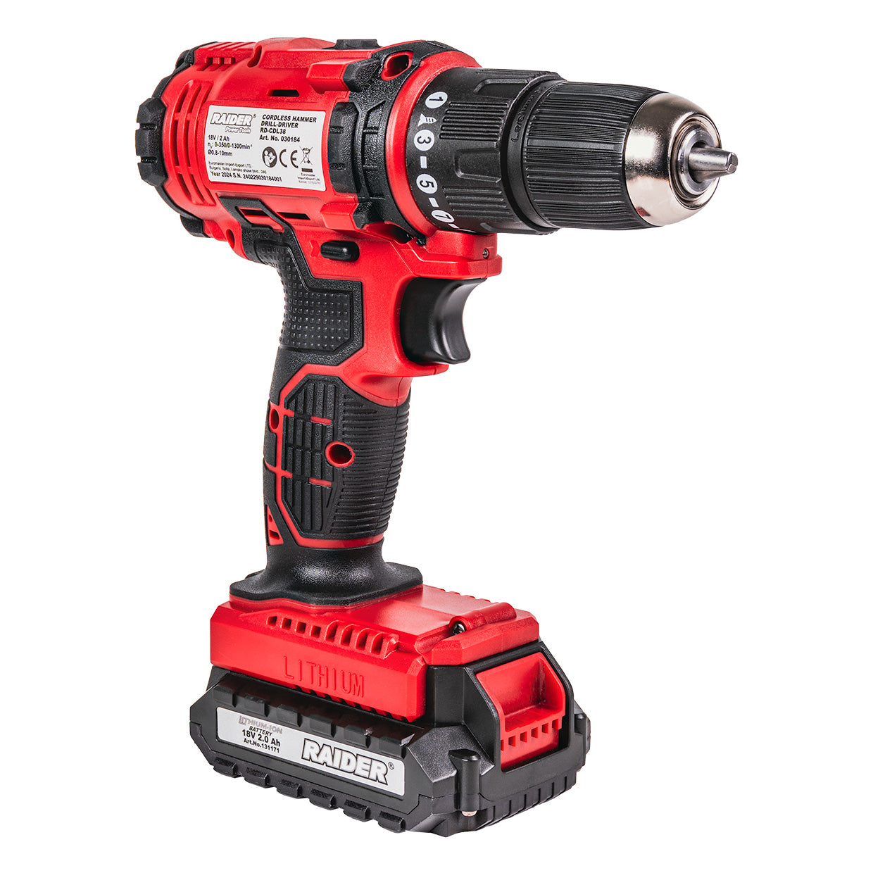 Bormasina cu percutie RD-CDL38 cu acumulator, 18 V, 2 x 2 Ah, 30 Nm, 10 mm, Raider 030184