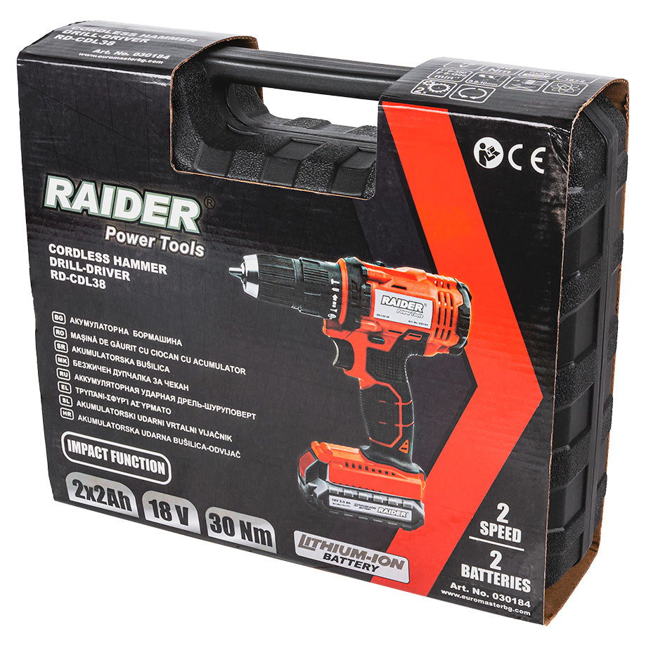Bormasina cu percutie RD-CDL38 cu acumulator, 18 V, 2 x 2 Ah, 30 Nm, 10 mm, Raider 030184