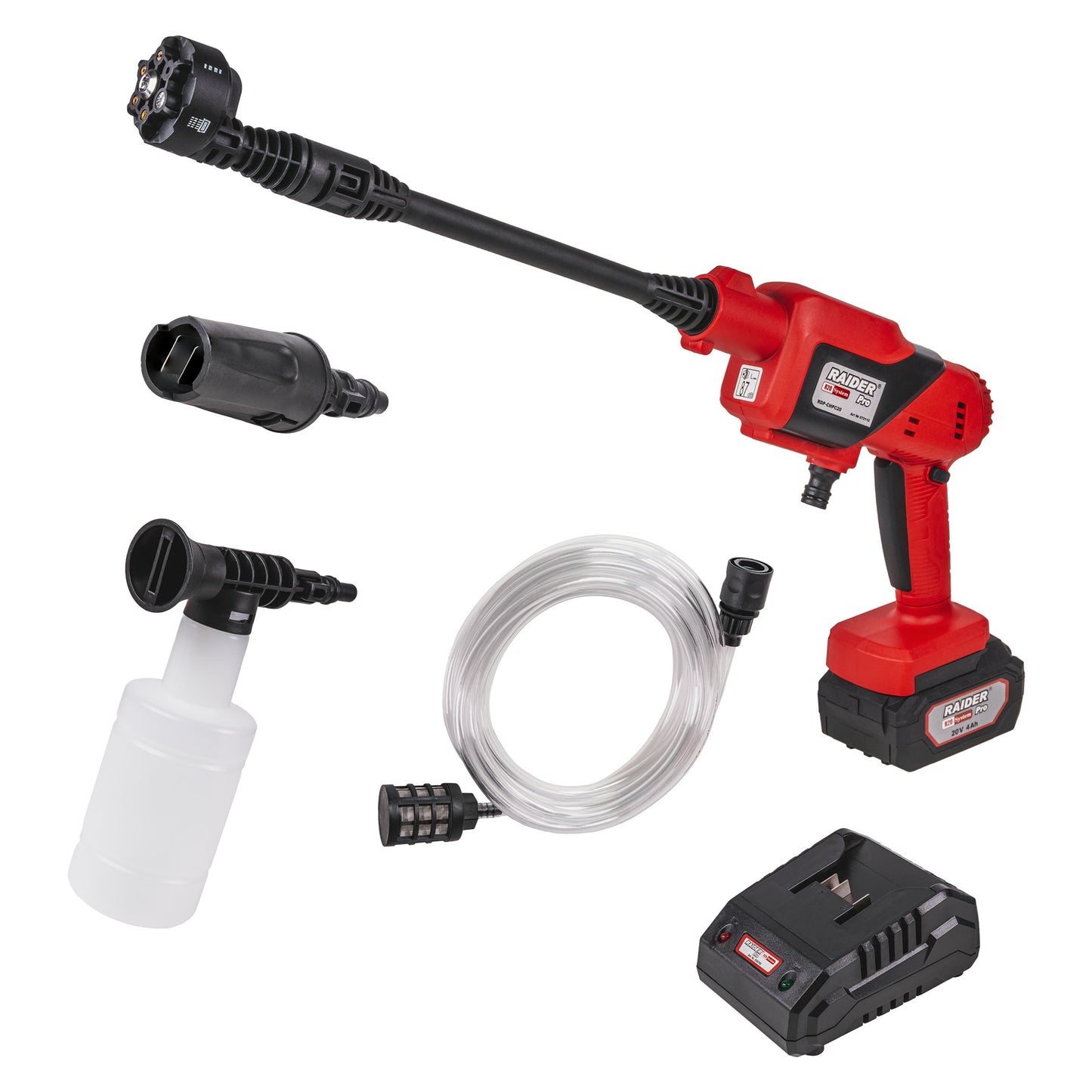 Set aparat de spalat cu presiune cu acumulator RDP-CHP20, 2.5 mPa, 4 Ah, 6 in 1, Raider 072110