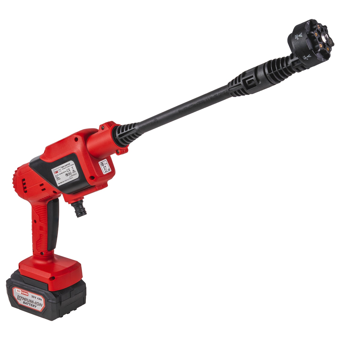 Set aparat de spalat cu presiune cu acumulator RDP-CHP20, 2.5 mPa, 4 Ah, 6 in 1, Raider 072110