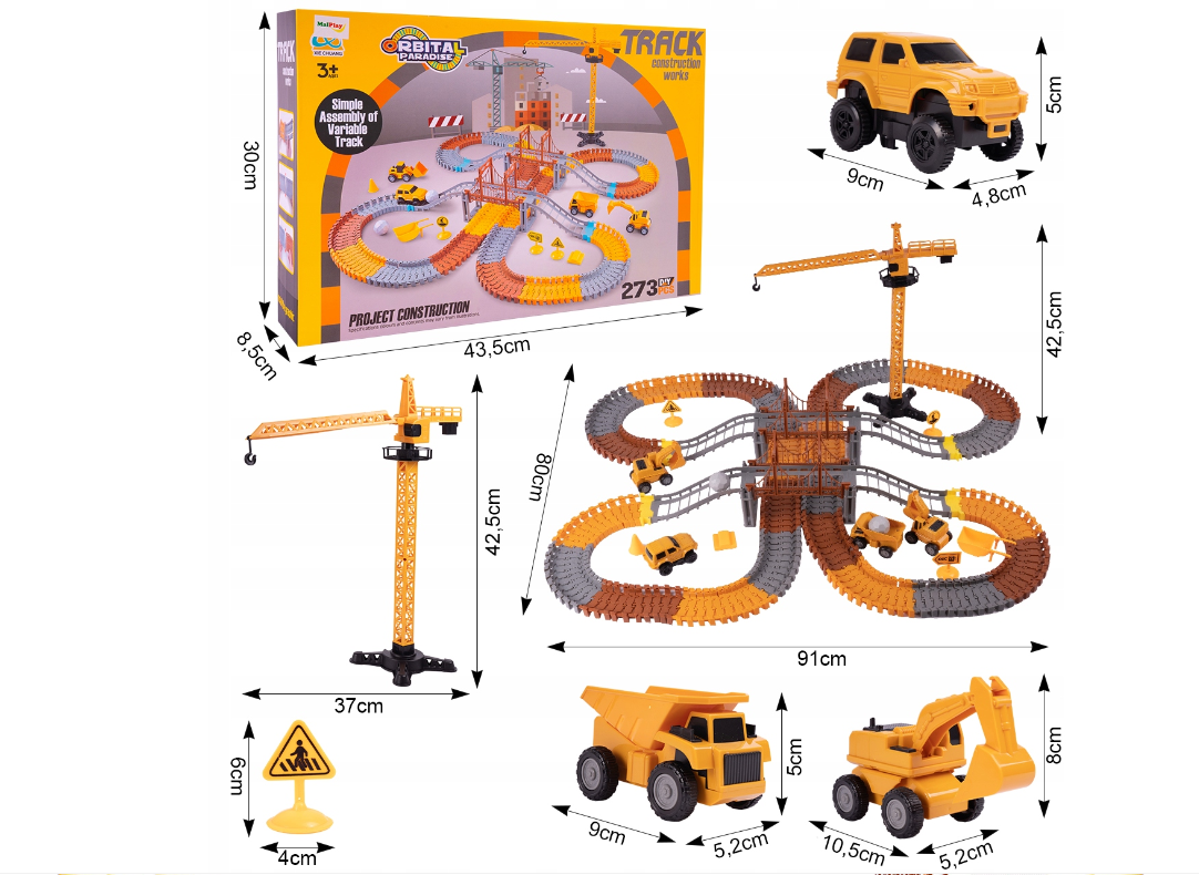 Set educativ constructie cu 2 poduri, macara si masinute, 273 piese, MalPlay 110484