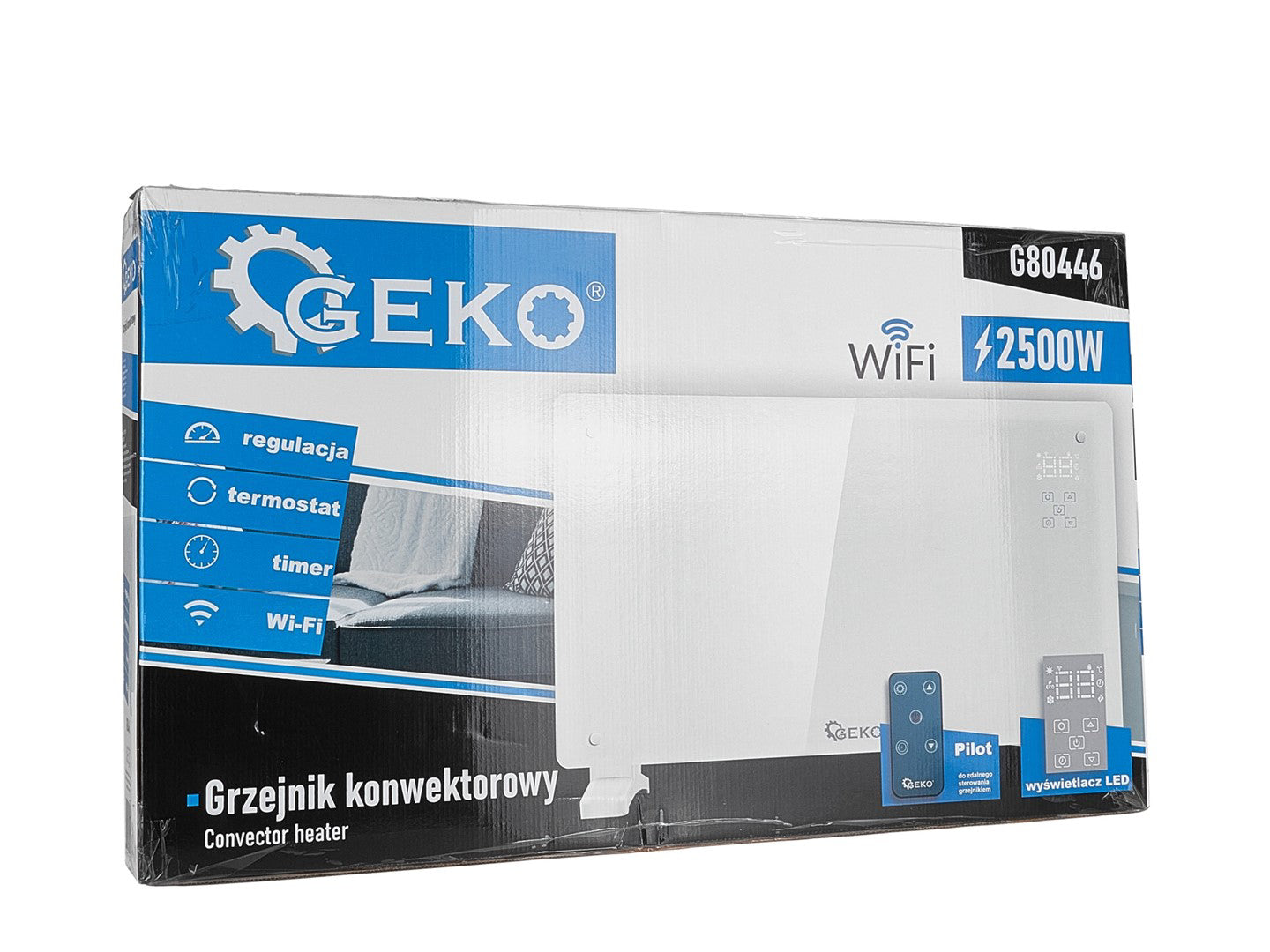 Convector alb din sticla cu afisaj LCD, telecomanda si Wi-fi, 2500 W, Geko G80446