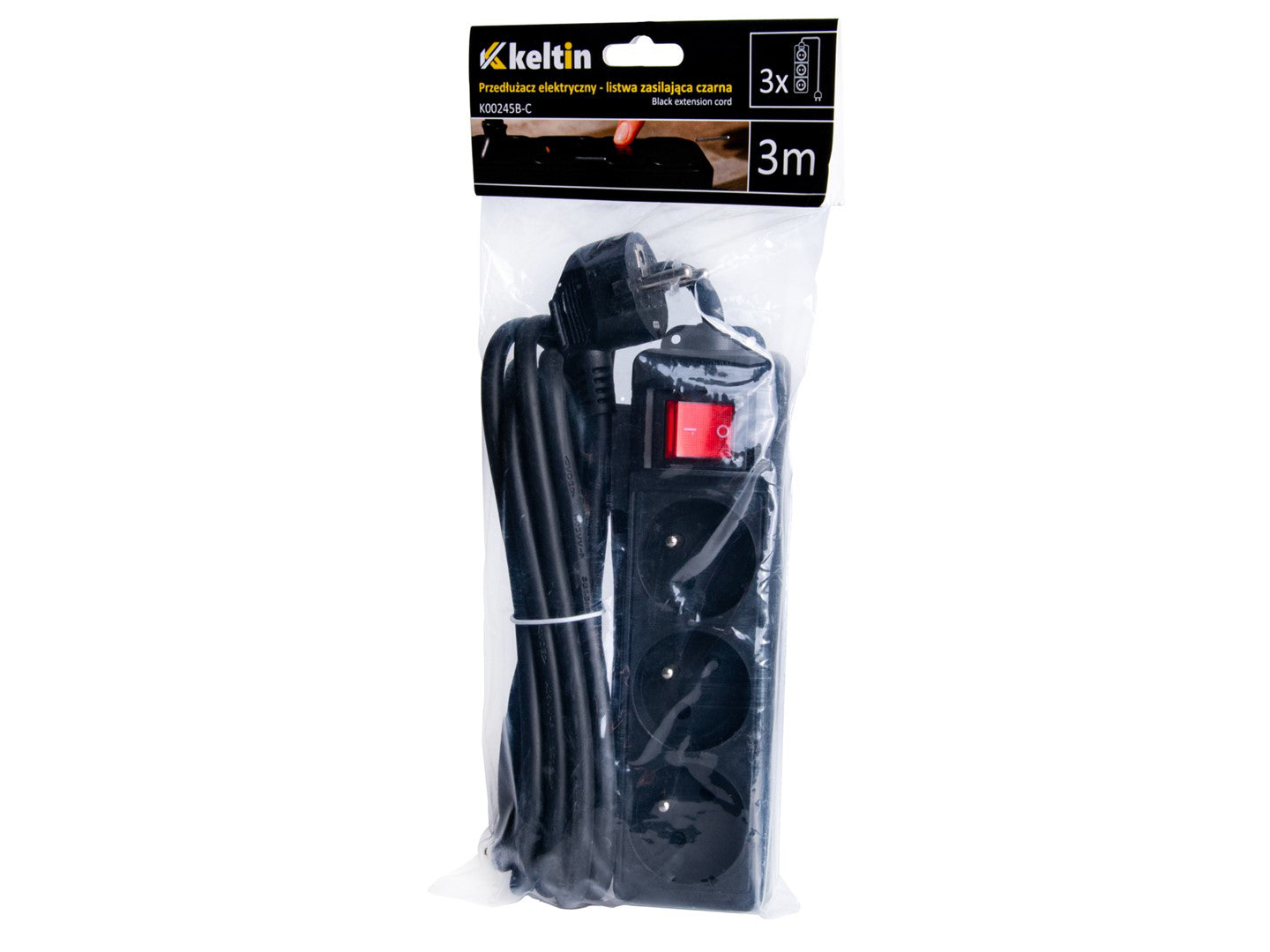 Prelungitor electric cu 3 prize, 3 m, negru, Keltin K00245B-C