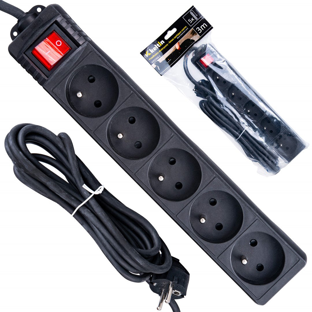 Prelungitor electric cu 5 prize, 3 m, negru, Keltin K00246B-C