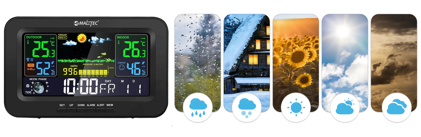 Statie meteo wireless, termometru, barometru, alarma, masurare temperatura, umiditate, negru, MalTec 111979