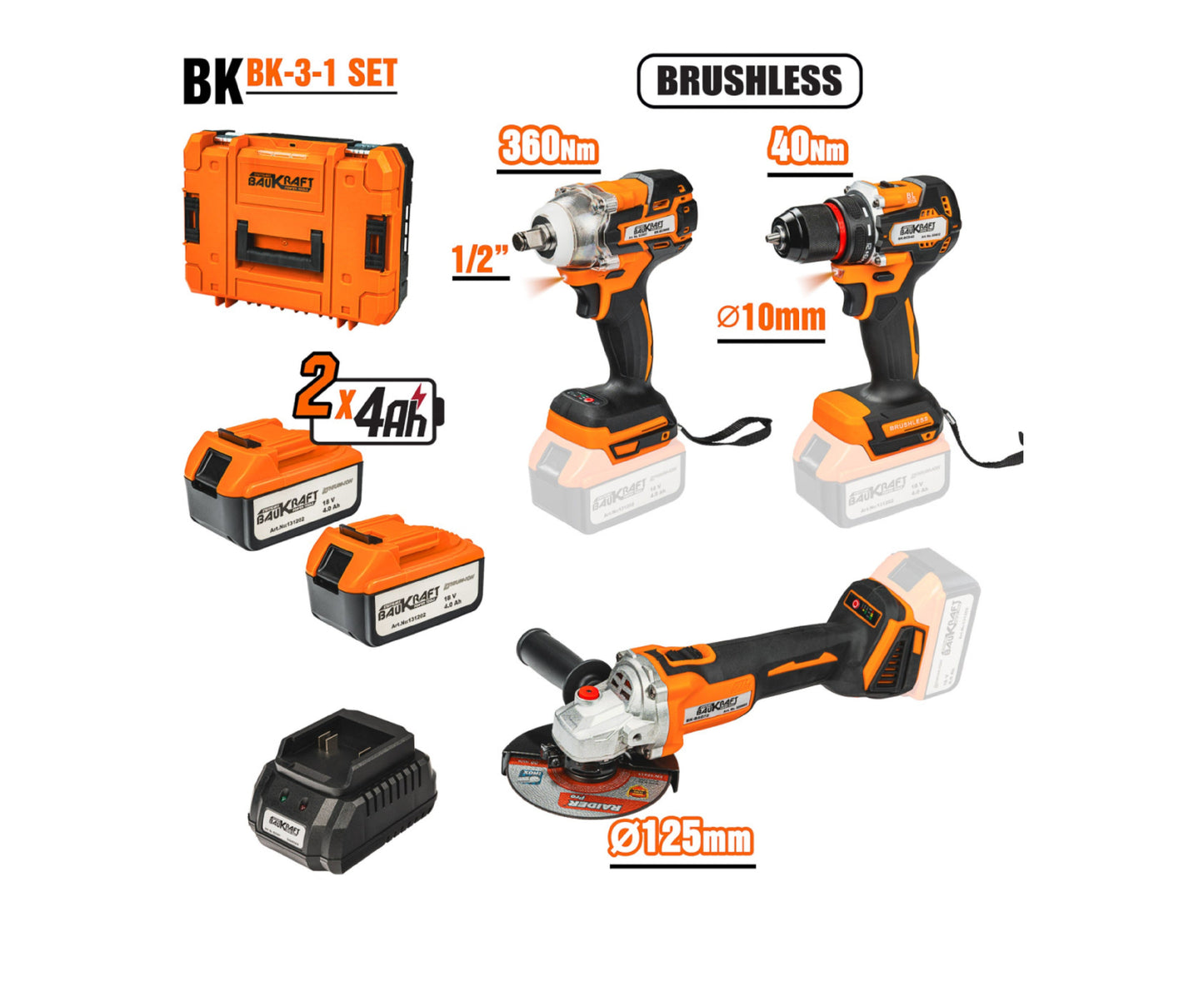 Set polizor, cheie, masina de gaurit cu acumulator BK-3-1, 18V 2x4Ah, Baukraft 030614