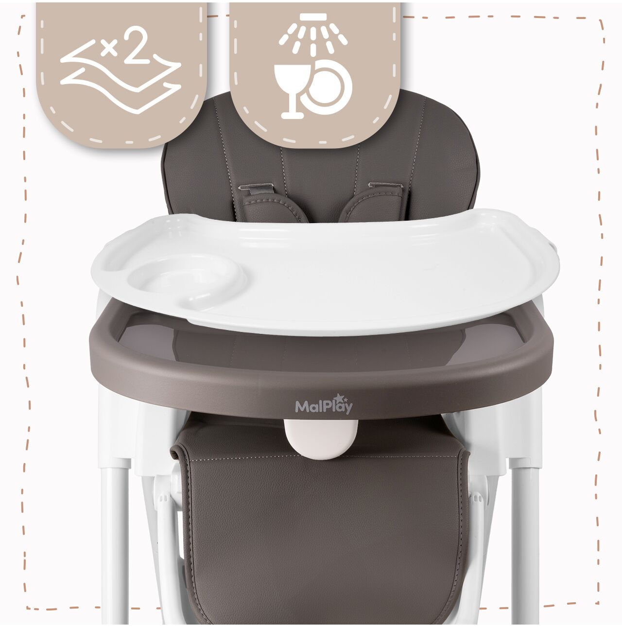 Scaun inalt pliabil pentru hranire cu roti, alb / gri, MalPlay 113159