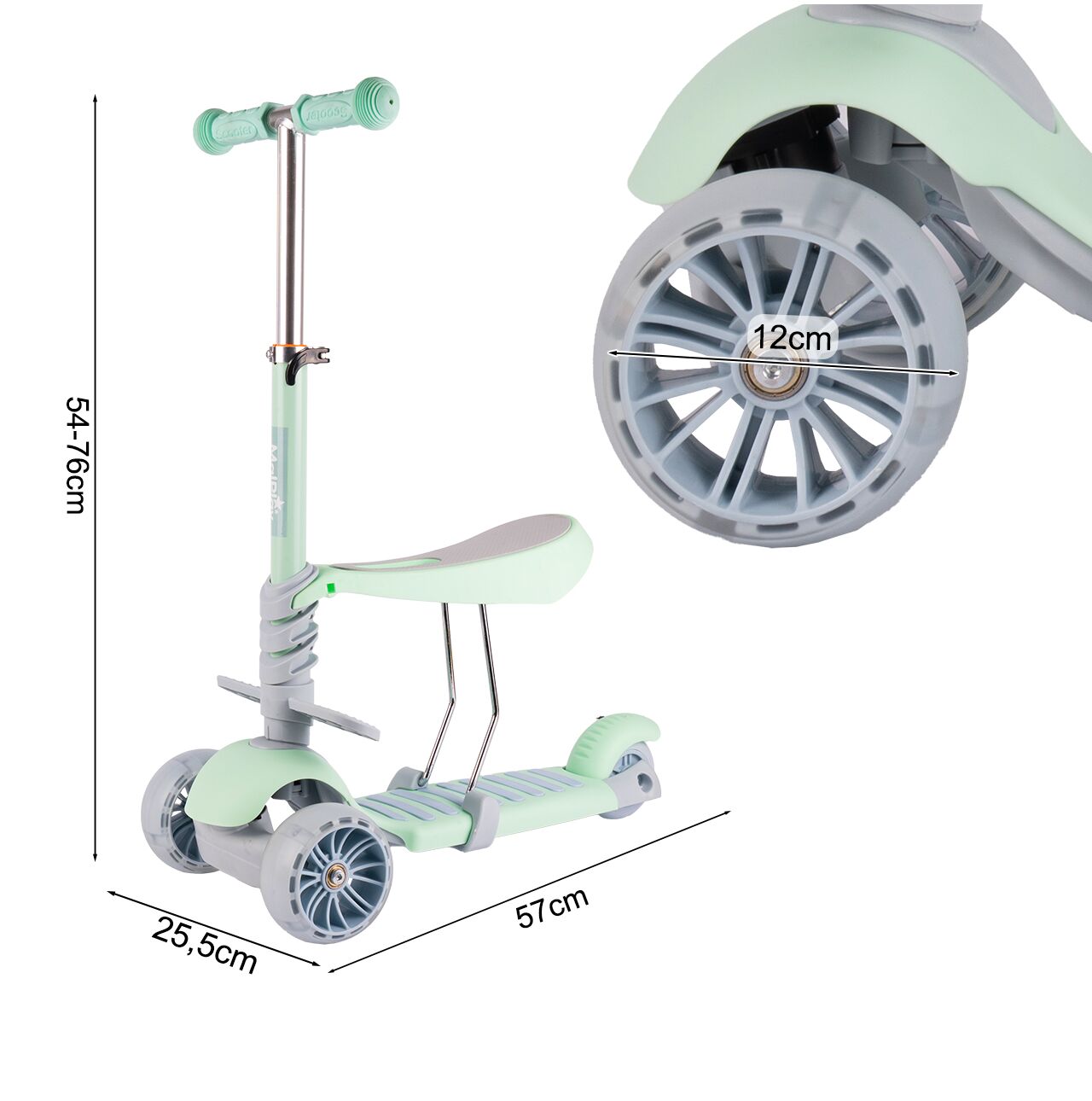 Trotineta pliabila cu 3 roti 3 in 1, roti LED, verde, MalPlay 111338