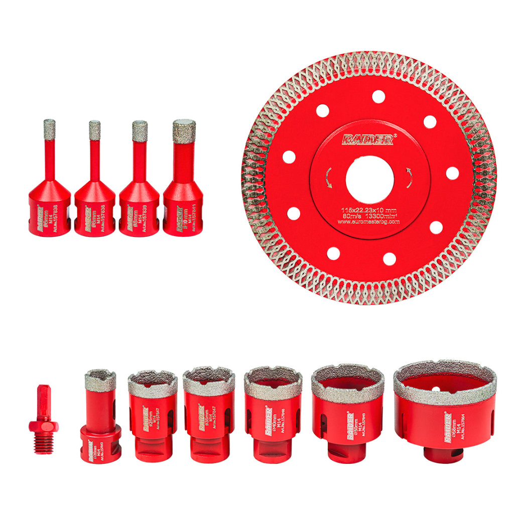 Set carote diamantate pentru, prindere M14, Ø6-68mm, 12 bucati, Raider 157866