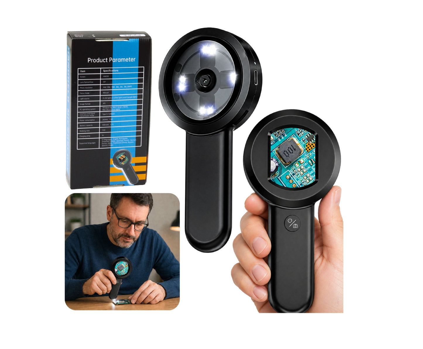 Lupa digitala portabila cu camera HD, 100 x, ecran IPS, 8 LED-uri, Lean 30719