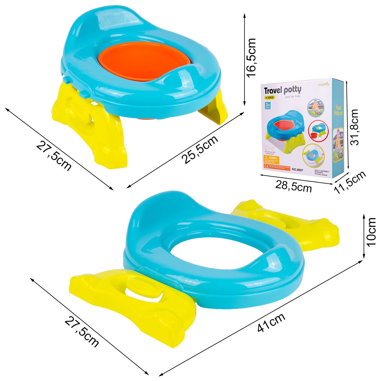Olita portabila 2 in 1 pentru copii (suport toaleta si olita), albastru / galben / portocaliu, MalPlay 111558