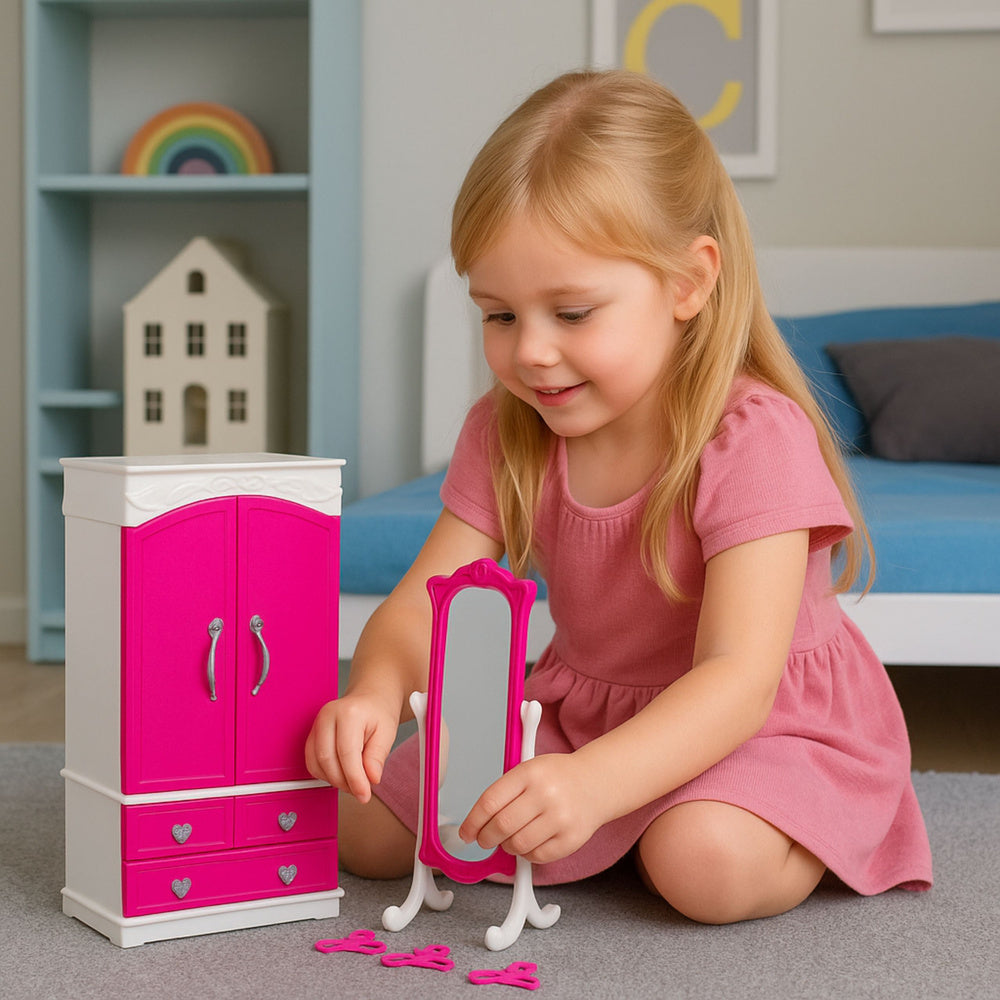 Set mobilier pentru papusi, dulap si oglinda, roz / alb, 29 cm, Lean 28109