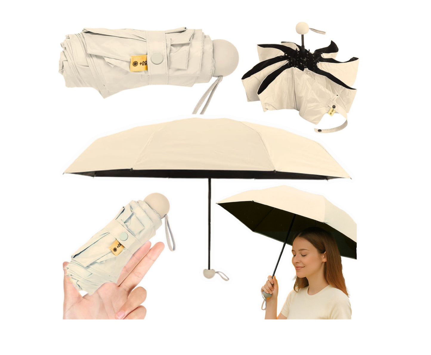 Umbrela pliabila cu protectie UV UPF 50+, 90 cm, husa bej, Lean 27698