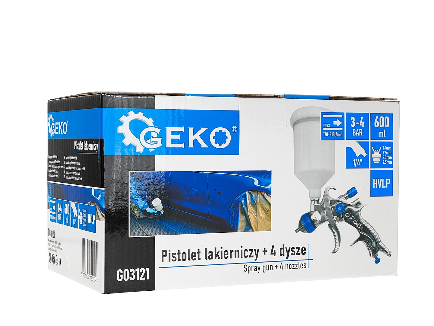 Pistol de vopsit HVLP cu 4 duze, 1.4 / 1.7 / 2.0 / 2.5, Geko G03121