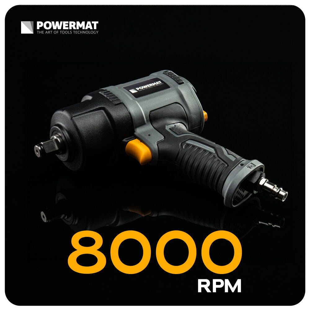 Cheie pneumatica PM-KPU-1560T, 1560 NM, 1/2", 8000 RPM, MAX. 8 BAR, 115 L/MIN, Powermat PM1593
