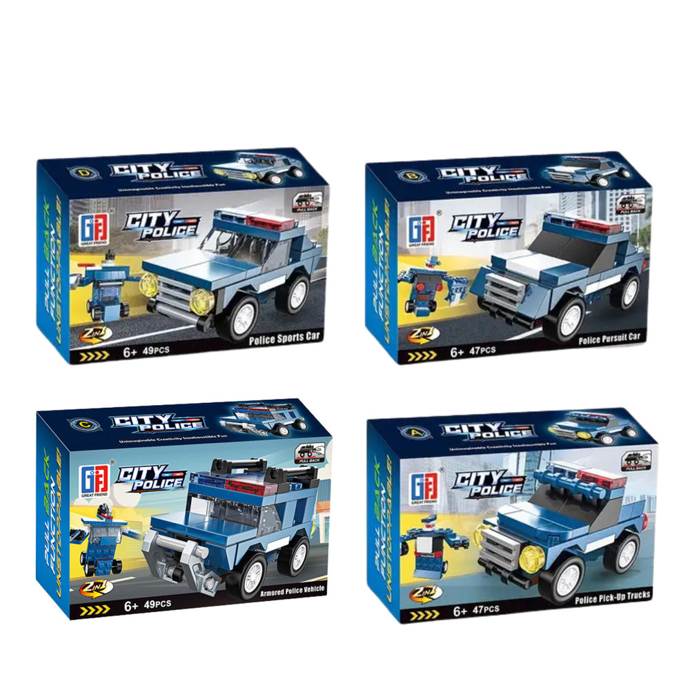 Set de constructie masina de politie, 47-49 piese, mecanism pull-back, 13 x 8.5 x 4 cm, Lean 24569