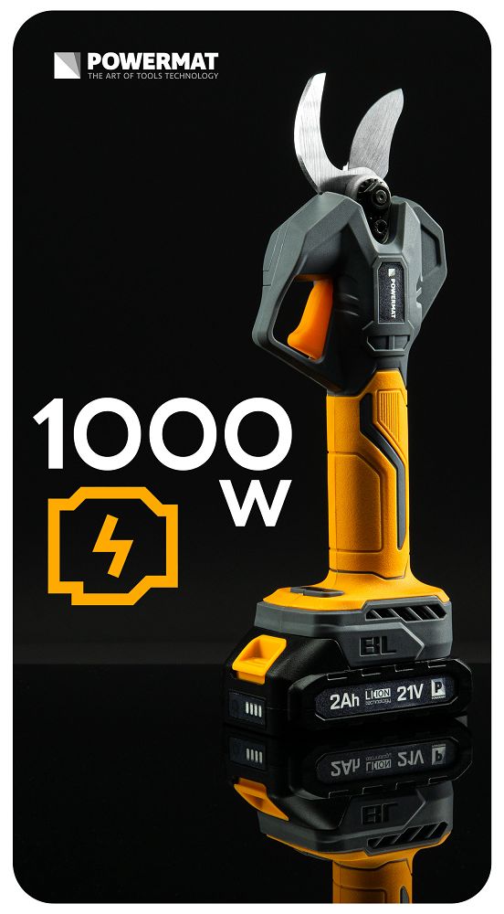 Foarfeca electrica cu acumulator pentru gradina PM-SA-21V-2AM, 30 mm, 1000 W, 2 x 21 V, afisaj LCD, Powermat PM1550