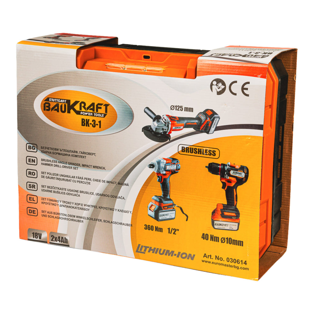 Set polizor, cheie, masina de gaurit cu acumulator BK-3-1, 18V 2x4Ah, Baukraft 030614