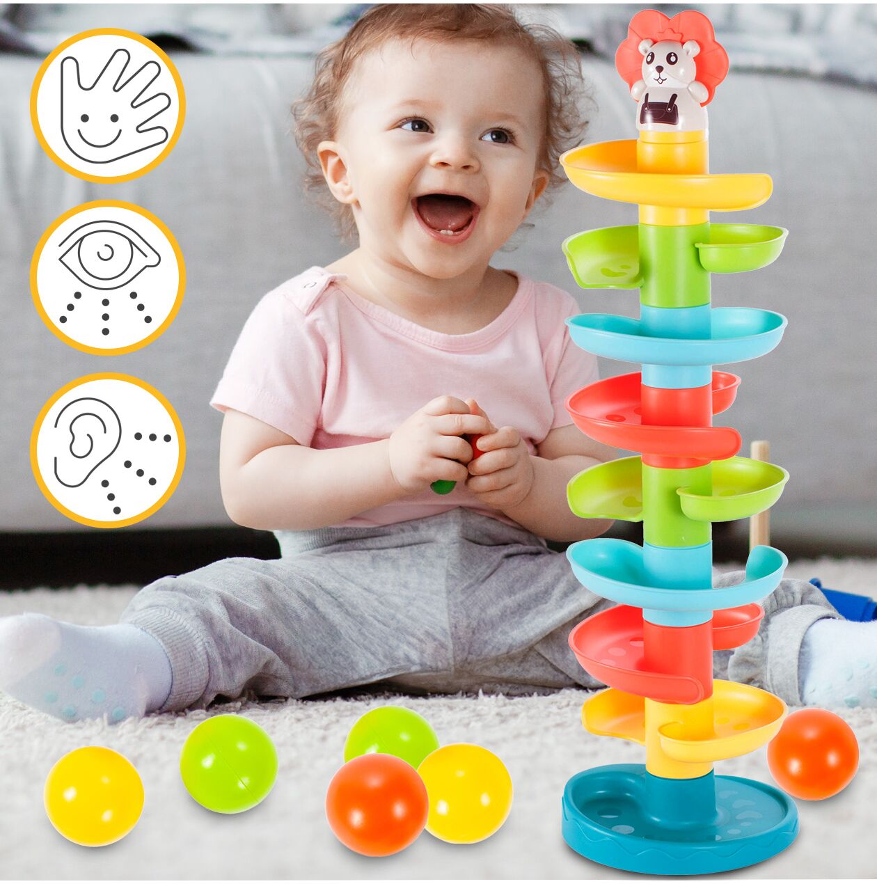 Jucarie pentru copii tobogan spiralat multicolor, inaltime 60 cm, 6 bilute, MalPlay 108092